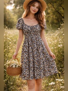 Hollister Floral Cottagecore Coquette Milkmaid Puff Sleeve Dress – Size M
